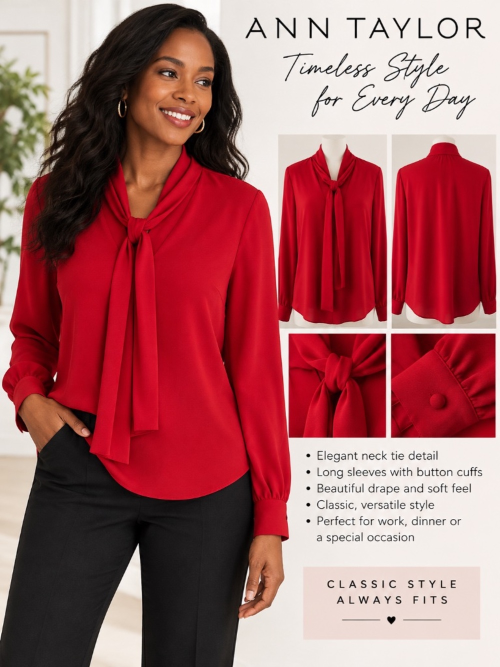 ❤️ Ann Taylor Red Tie-Neck Blouse – Size Small